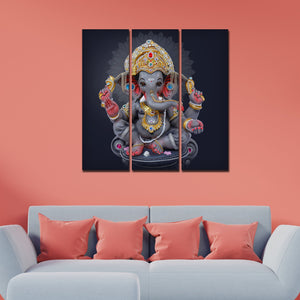 Bal Ganesha Sculpture Canvas Wall Painting Set of Three