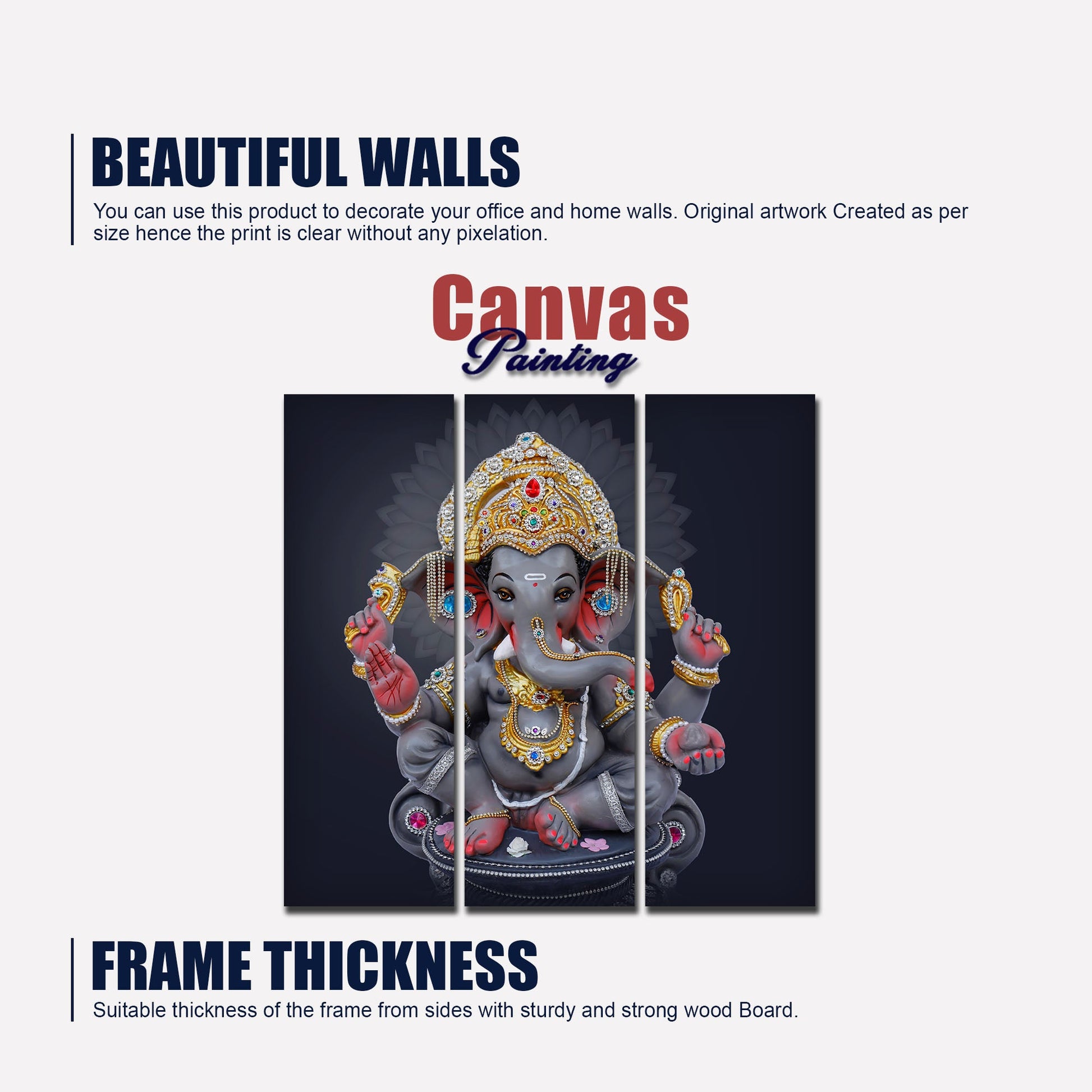 Bal Ganesha Sculpture Canvas Wall Painting Set of Three