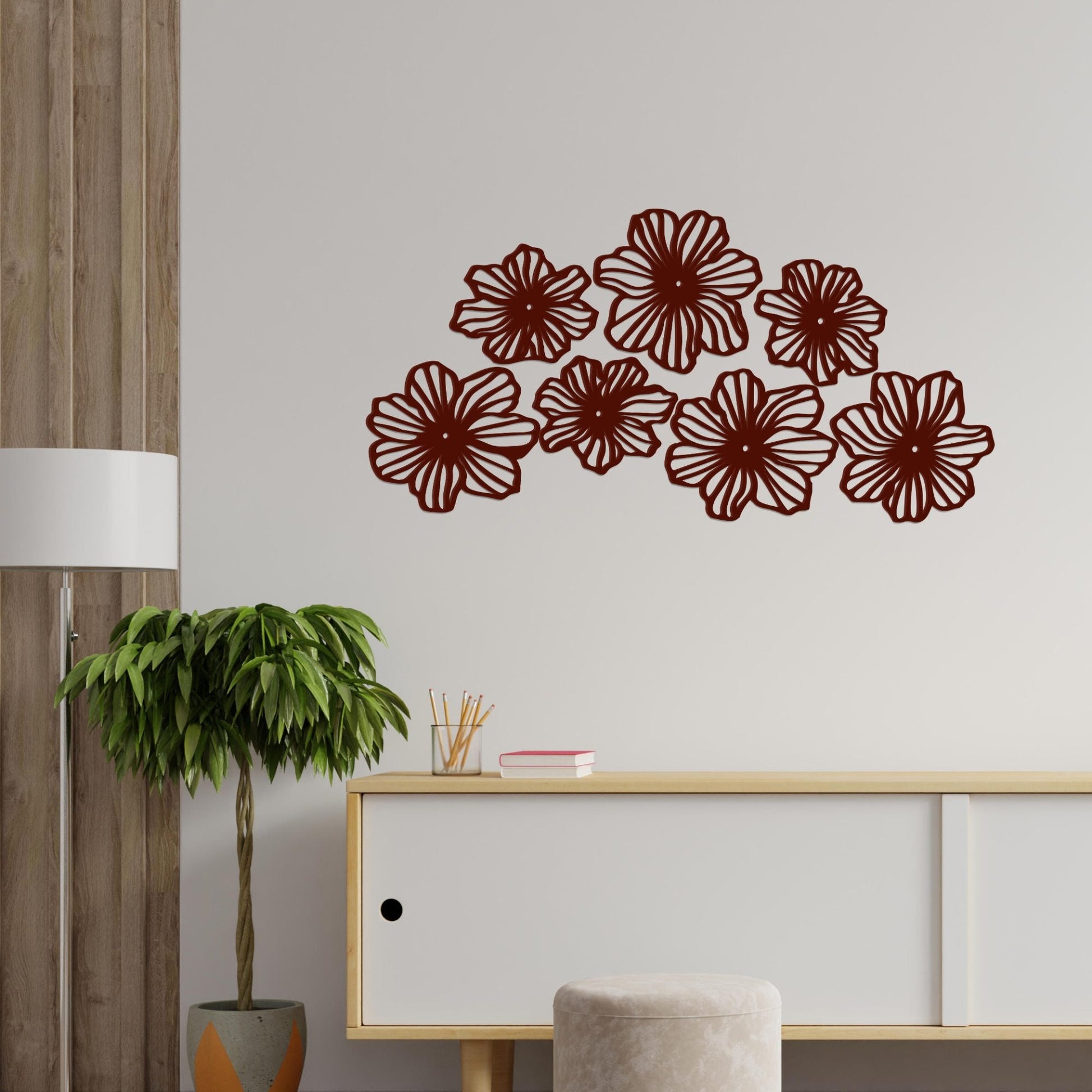 Beautiful Flowers Design Brown Wooden Wall Hanging