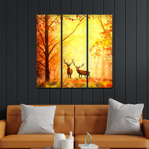 Beautiful Forest Deer Canvas Wall Painting of 3 Pieces