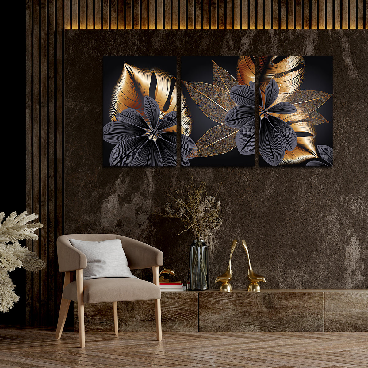 Beautiful Golden Leaf Flower Canvas Wall Painting 3 Pieces