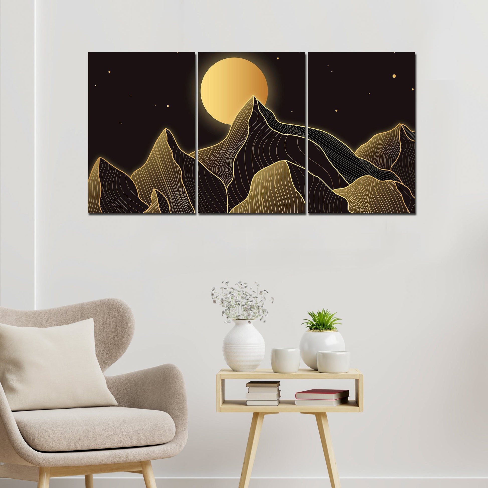 Beautiful Moon and Golden Mountains Wall Painting of 3 Pieces