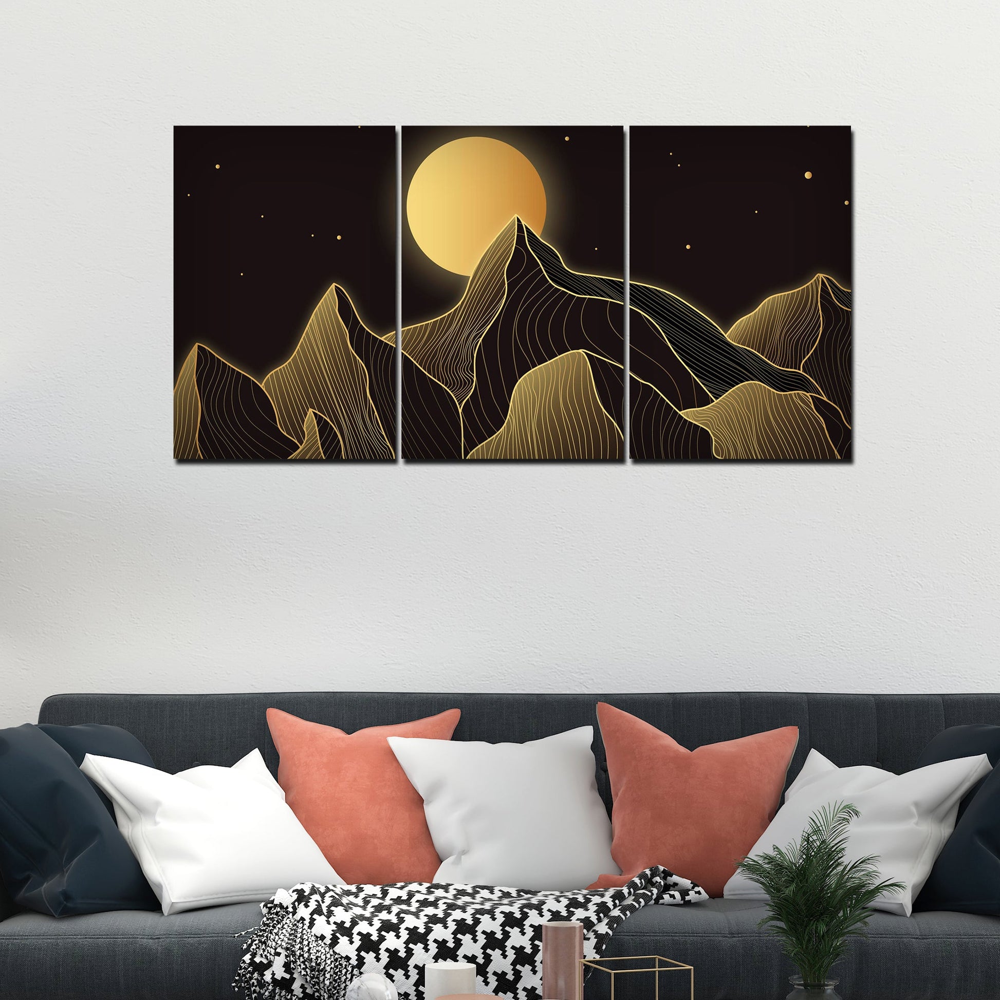 Beautiful Moon and Golden Mountains Wall Painting of 3 Pieces