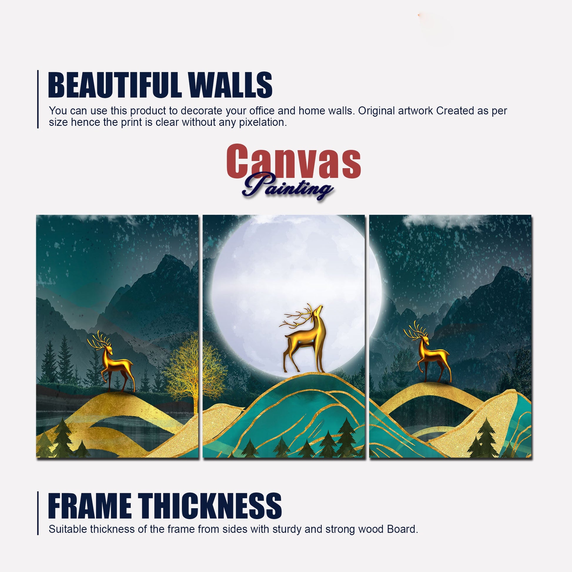 Beautiful Night Landscape Golden Deer Wall Painting of Three Pieces