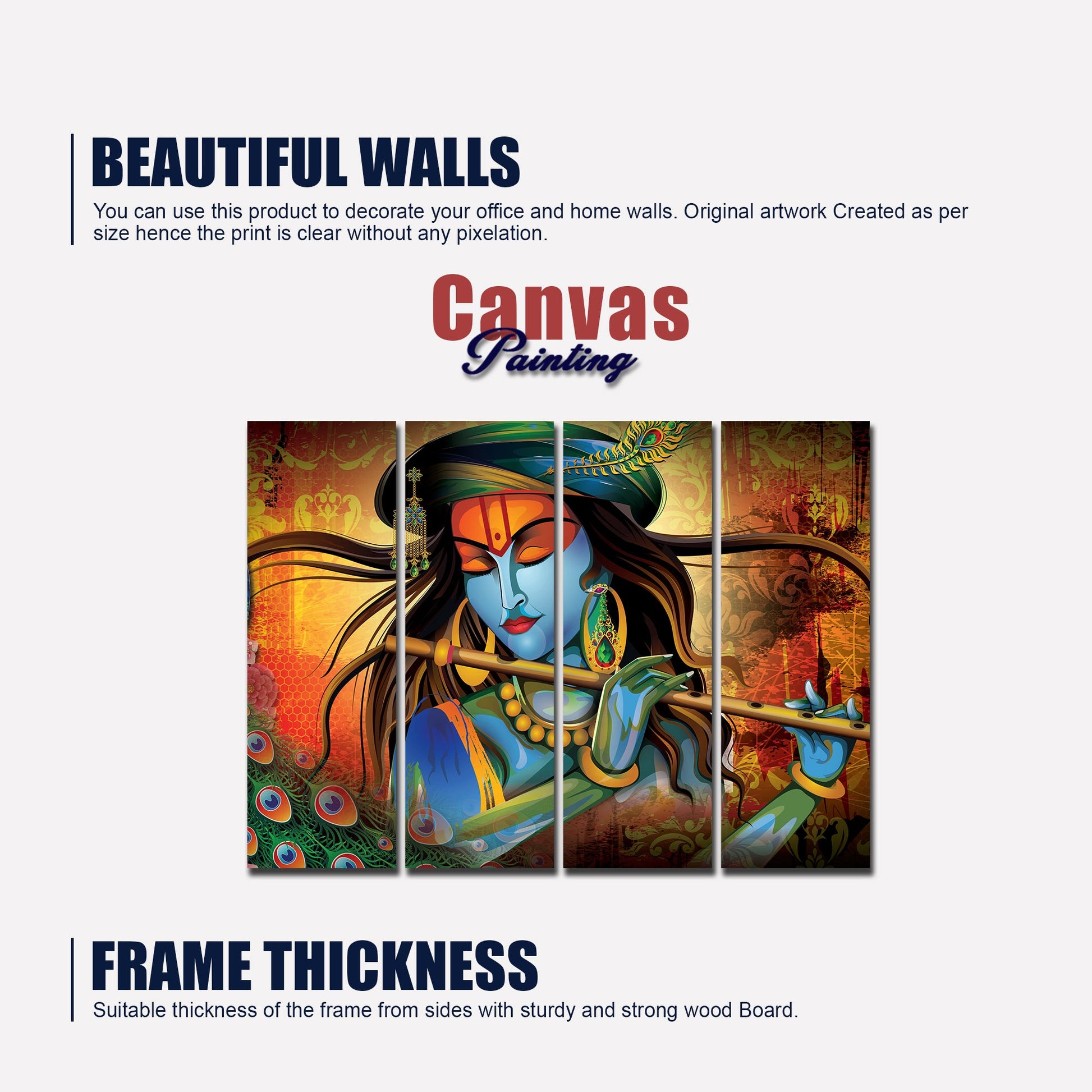 Beautiful Krishna (Kahnaji) Wall Painting Canvas Modern Art 4 Pieces