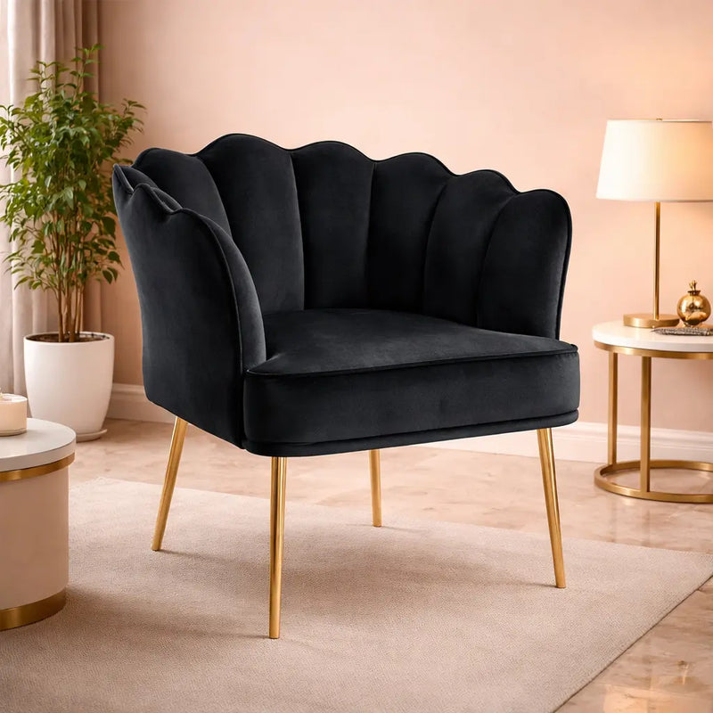 Black Velvet Shell Back Sofa Lounge Chair with Gold Legs