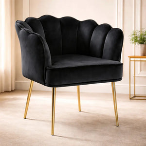 Black Velvet Shell Back Sofa Lounge Chair with Gold Legs