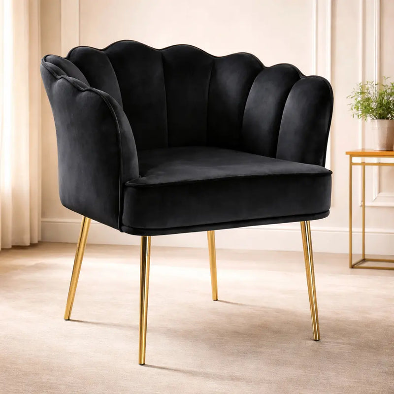 Black Velvet Shell Back Sofa Lounge Chair with Gold Legs