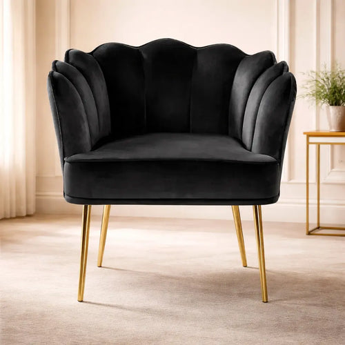 Black Velvet Shell Back Sofa Lounge Chair with Gold Legs