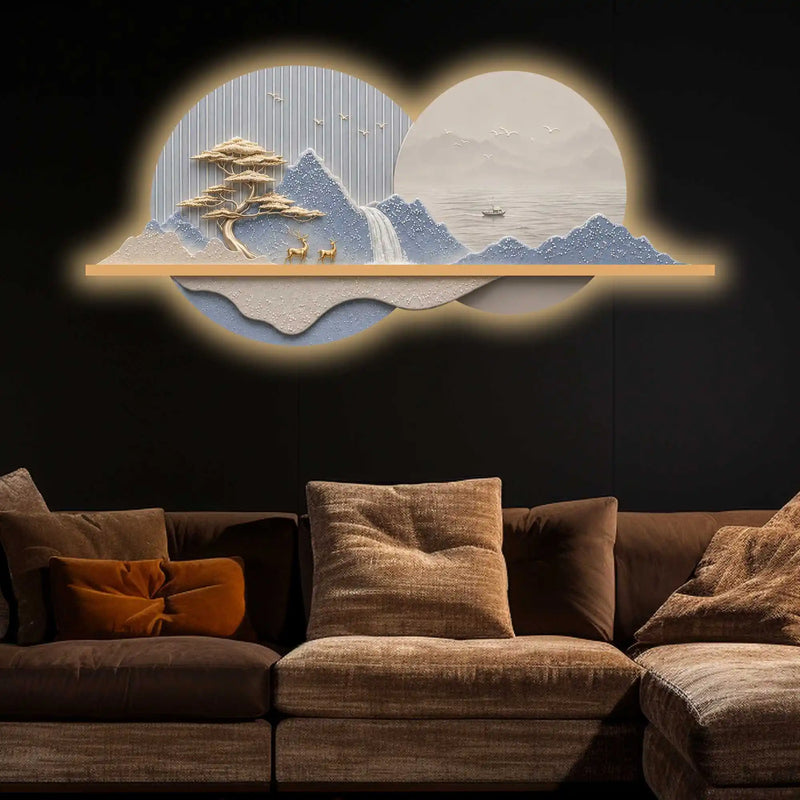 Blue Peaks & Waterfall Premium Crystal Glass Backlit LED Painting
