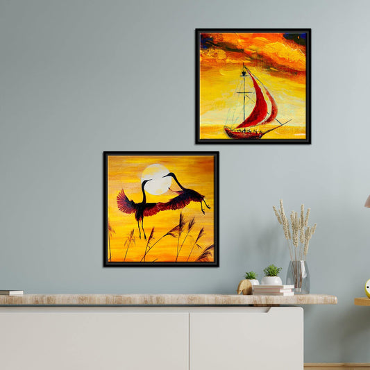 Boat & Cranes Sunset Wall Painting Two Pieces Floating Frame