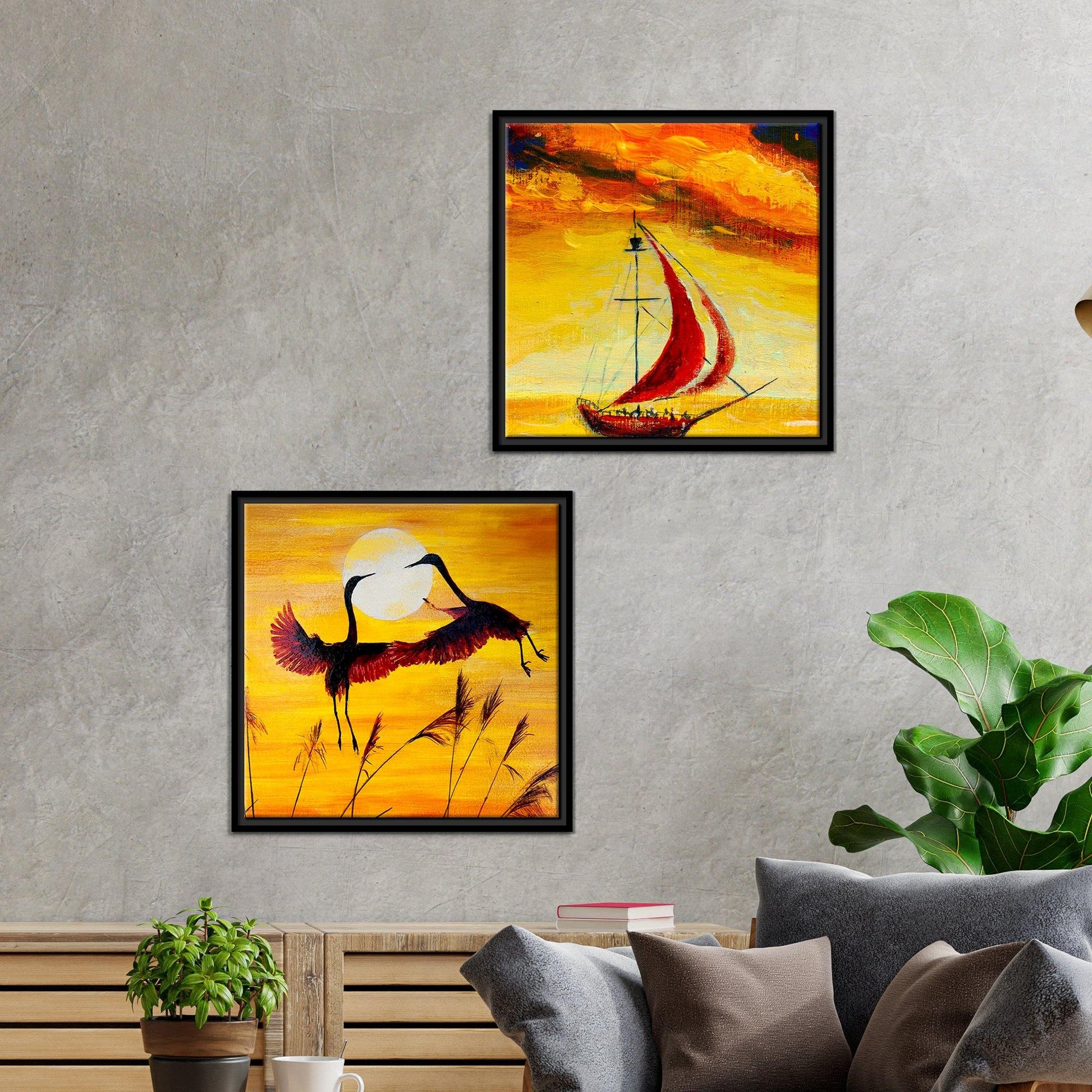 Boat & Cranes Sunset Wall Painting Two Pieces Floating Frame