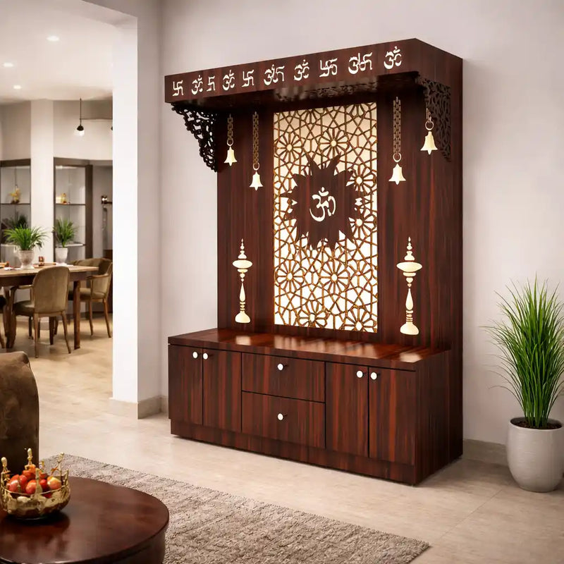 Spacious Wooden Pooja Mandir with Backlit Om Design and Storage