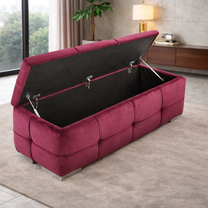 Multipurpose Velvet Storage Ottoman in Rich Wine Color