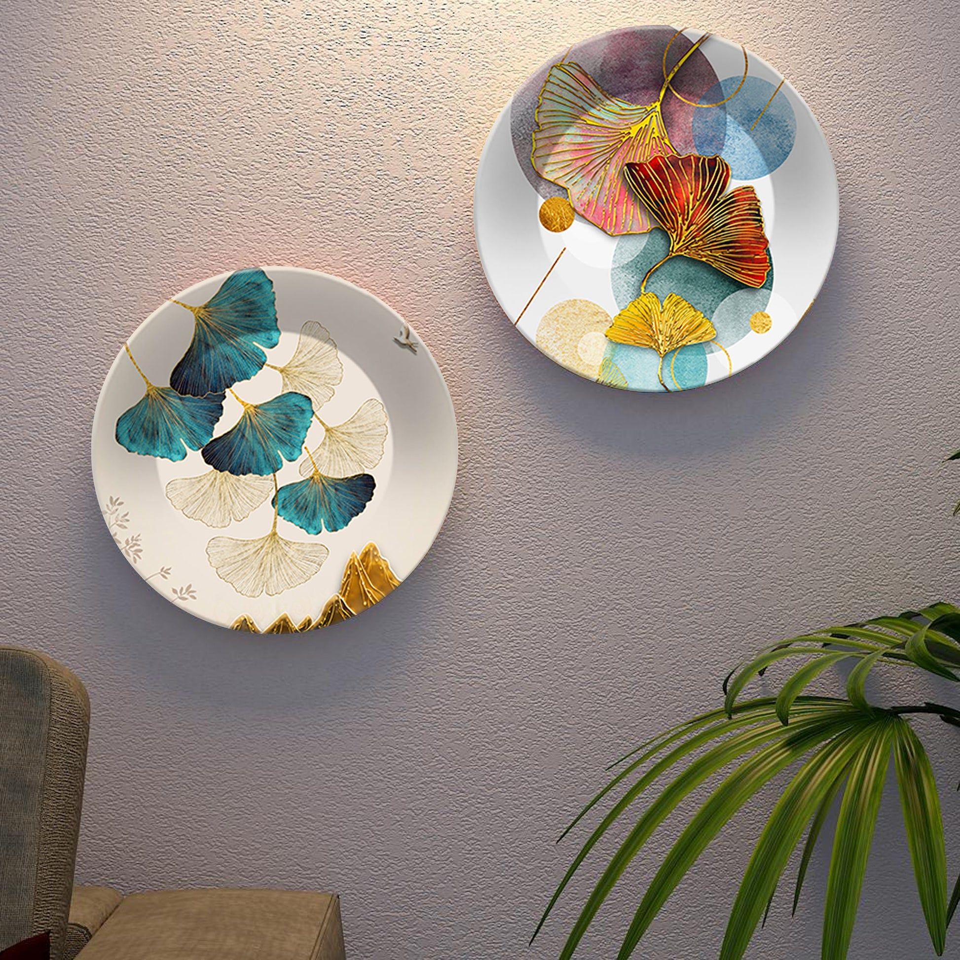 Colorful Flower Ceramic Wall Hanging Plates of Two Pieces