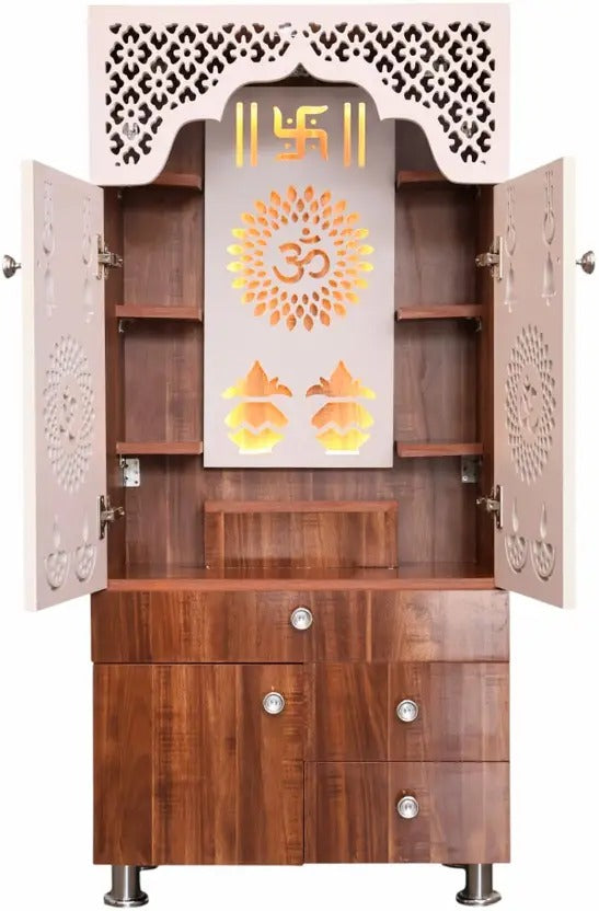 Contemporary White Arch Design Brown Finish Wooden Pooja Temple for Home & Office with LED Swastik OM Panel Drawer & Cabinet Storage