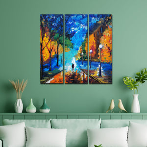 Couple Walking in City Park Canvas Wall Painting of 3 Pieces