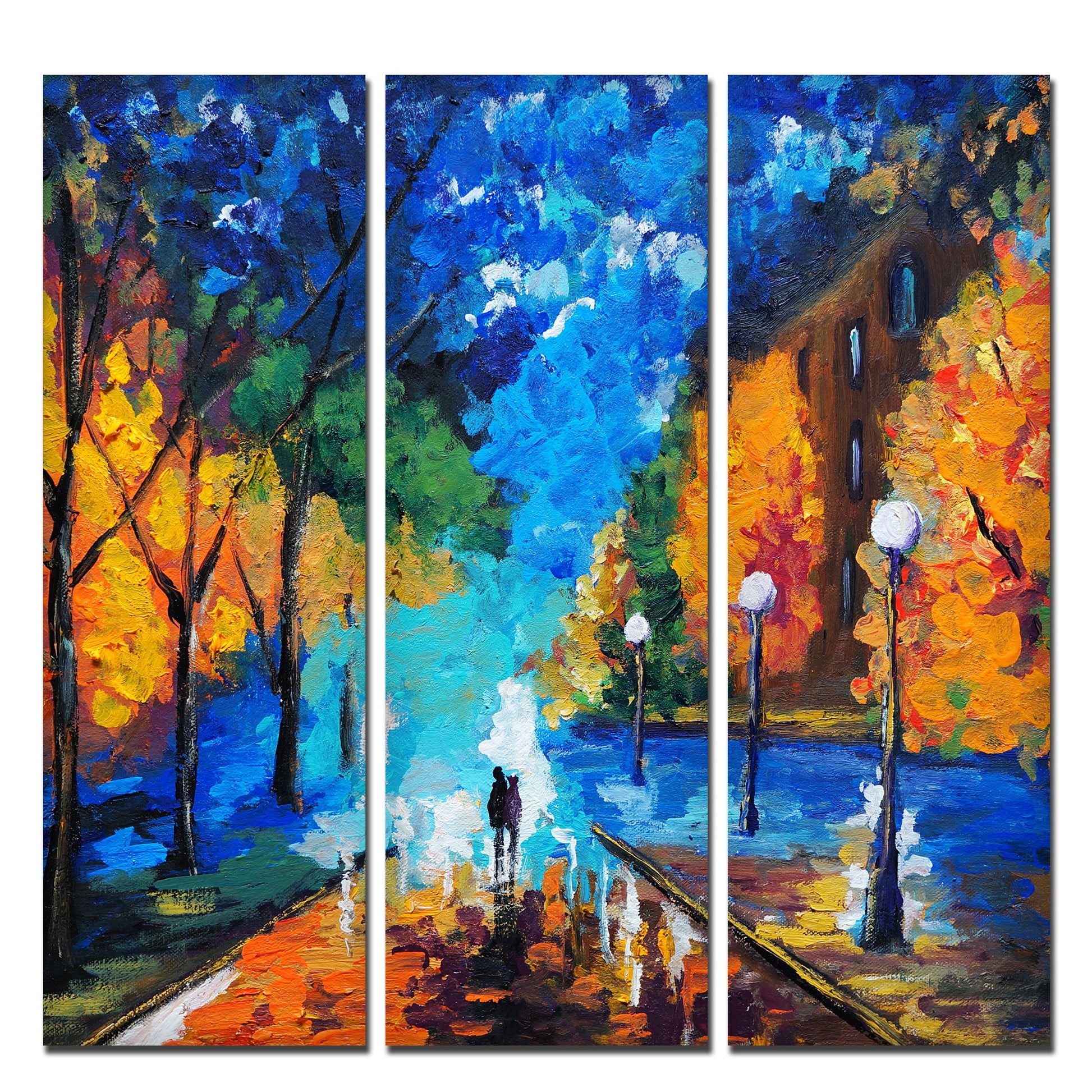 Couple Walking in City Park Canvas Wall Painting of 3 Pieces