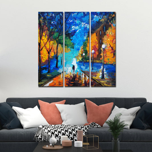 Couple Walking in City Park Canvas Wall Painting of 3 Pieces