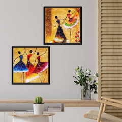 Dancing Women Warli Art Canvas Wall Painting of 2 Pieces Floating Frame