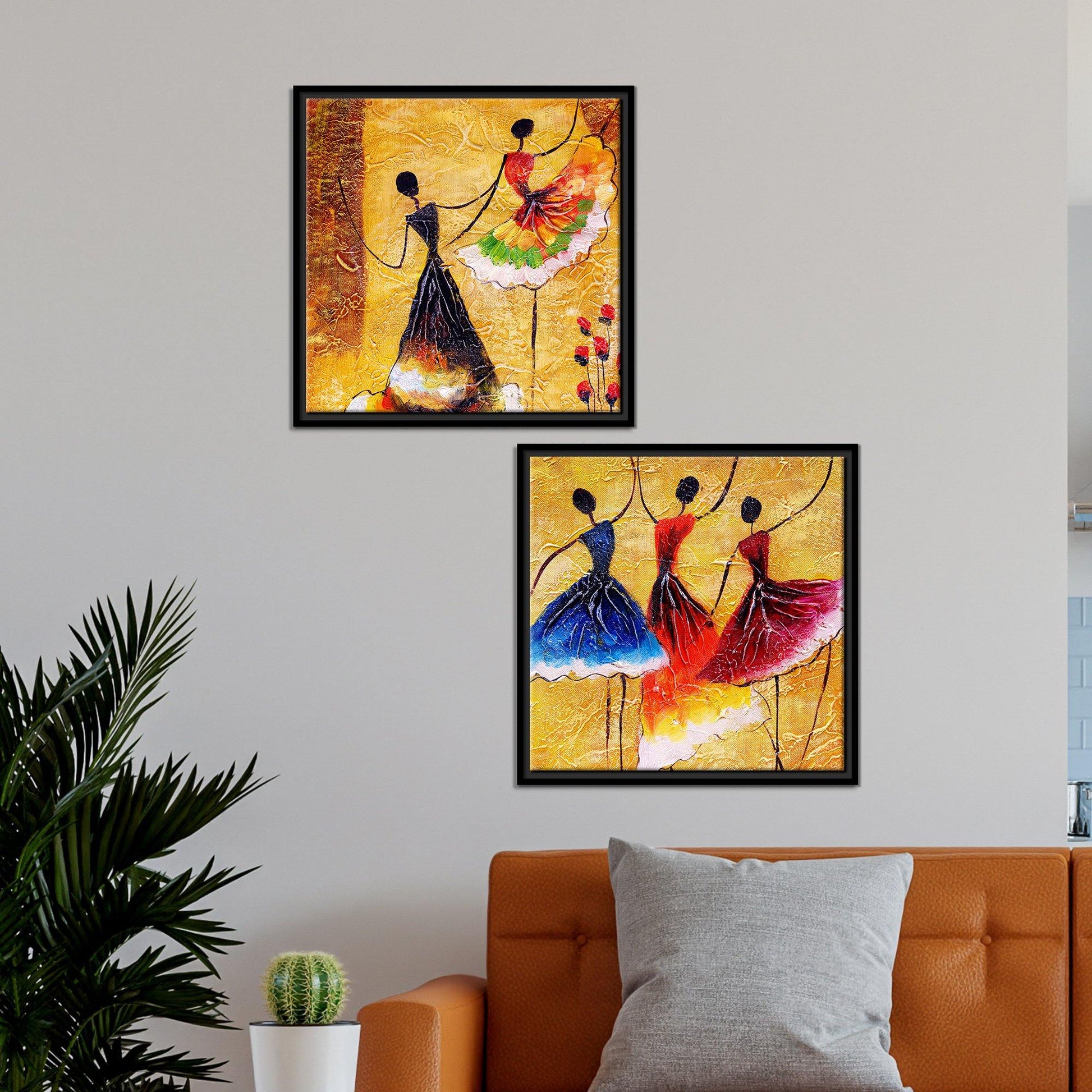 Dancing Women Warli Art Canvas Wall Painting of Two Pieces Floating Frame