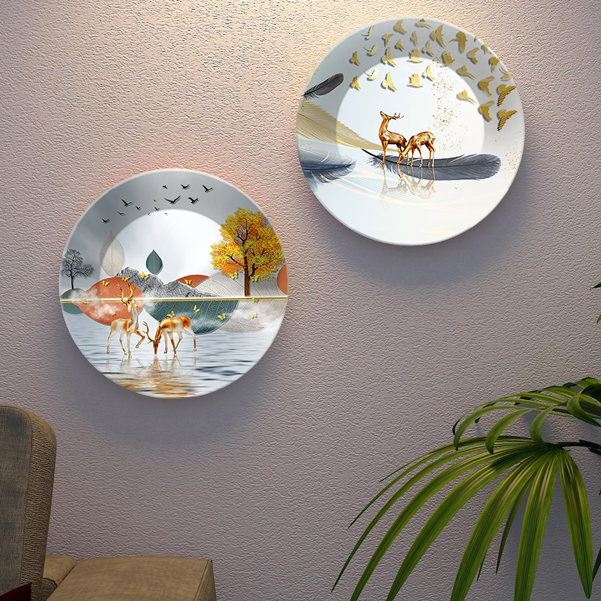 Deer at Lake Ceramic Wall Hanging Plates of Two Pieces