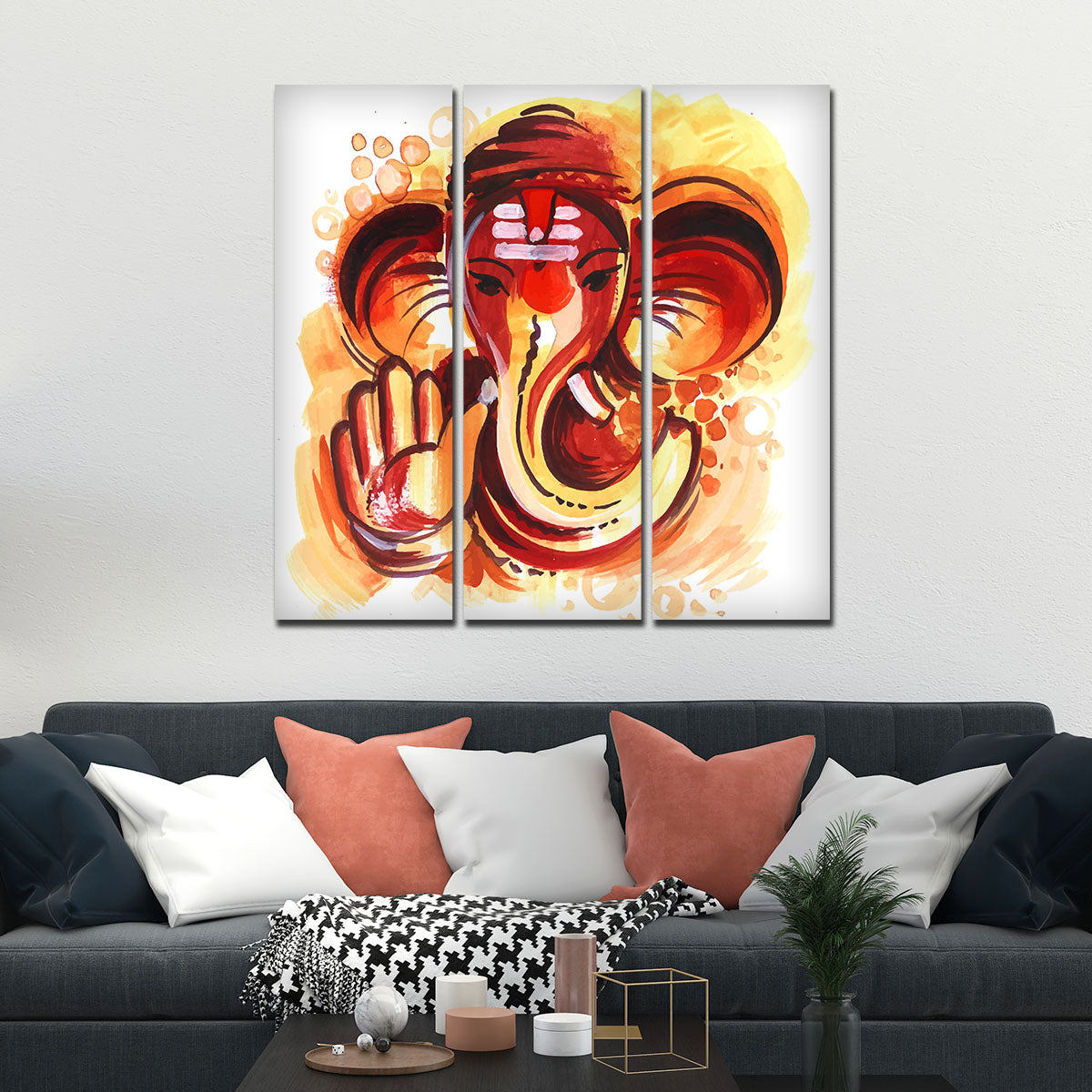 Deva Shree Ganesha Head Abstract Art Canvas Wall Painting Set of Three