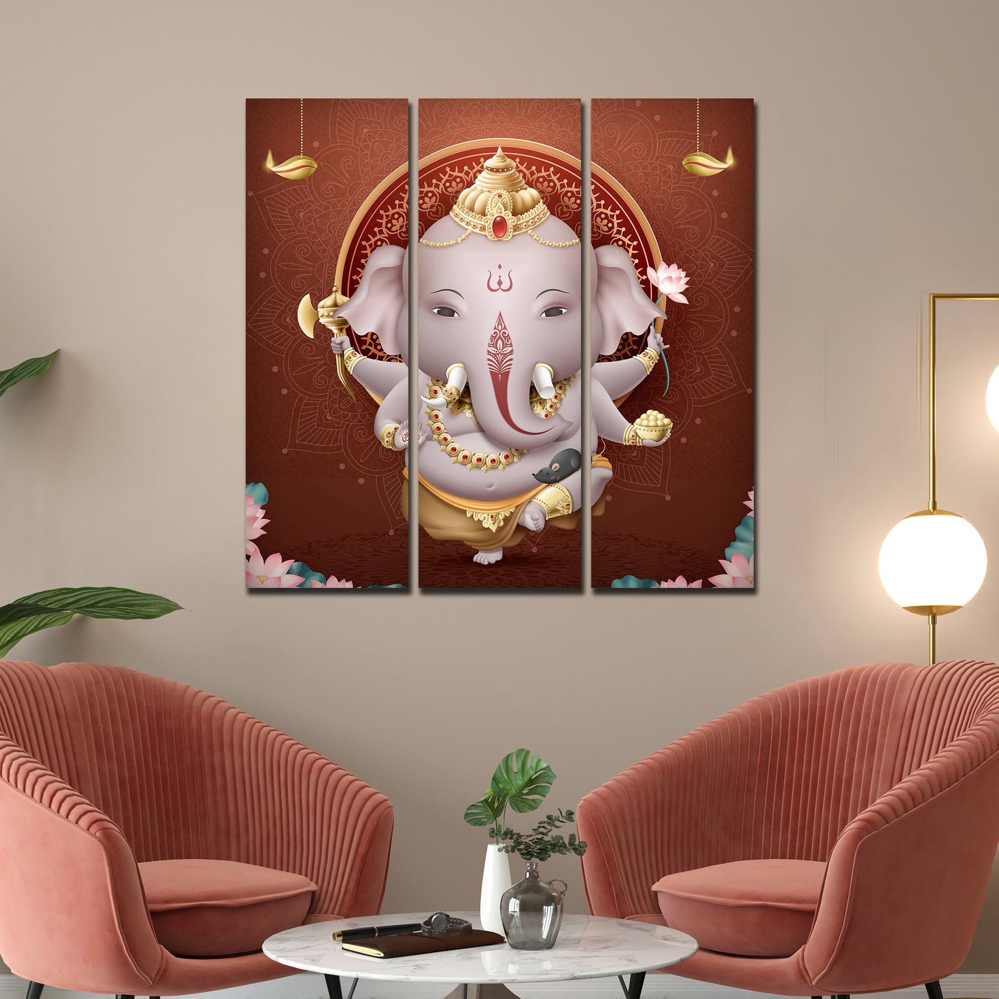 Devotional Lord Ganesha Canvas Wall Painting of Three Pieces