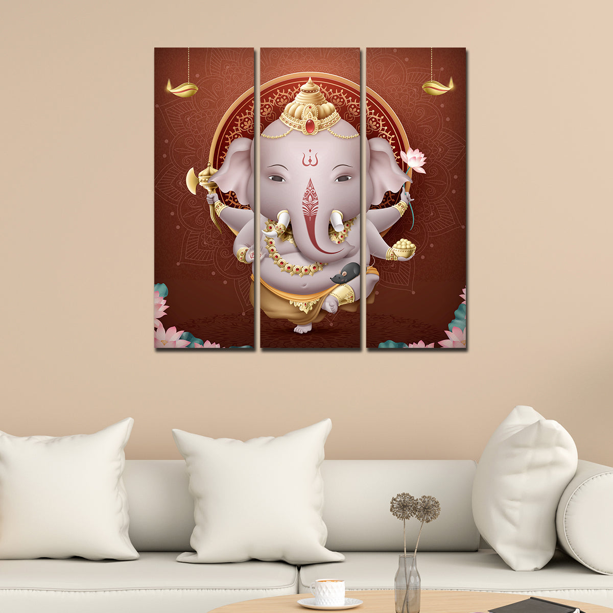 Devotional Lord Ganesha Canvas Wall Painting of Three Pieces