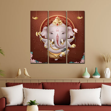 Devotional Lord Ganesha Canvas Wall Painting of Three Pieces