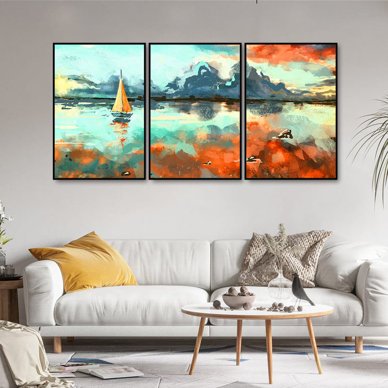 Colorful Art of Sea With Ship Floating Wall Painting Set of 3