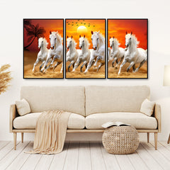 Beautiful Sunset with Running Horses Scenery Floating Wall Painting Set of 3