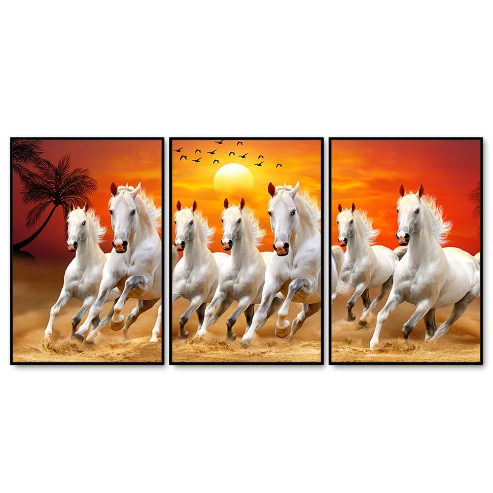 Beautiful Sunset with Running Horses Scenery Floating Wall Painting Set of 3