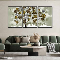 Flowery Tree Art Premium Floating Wall Painting Set of 3