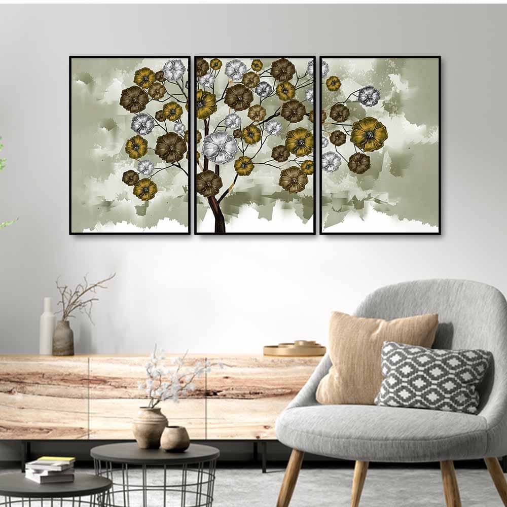 Flowery Tree Art Premium Floating Wall Painting Set of 3