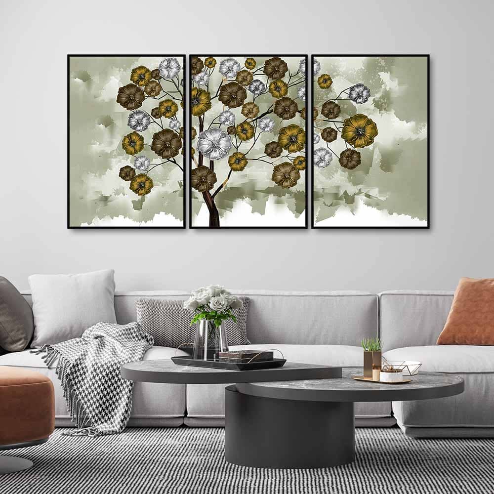 Flowery Tree Art Premium Floating Wall Painting Set of 3