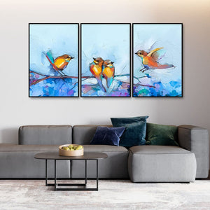 Couple Birds Colorful Art Premium Floating Wall Painting Set of 3