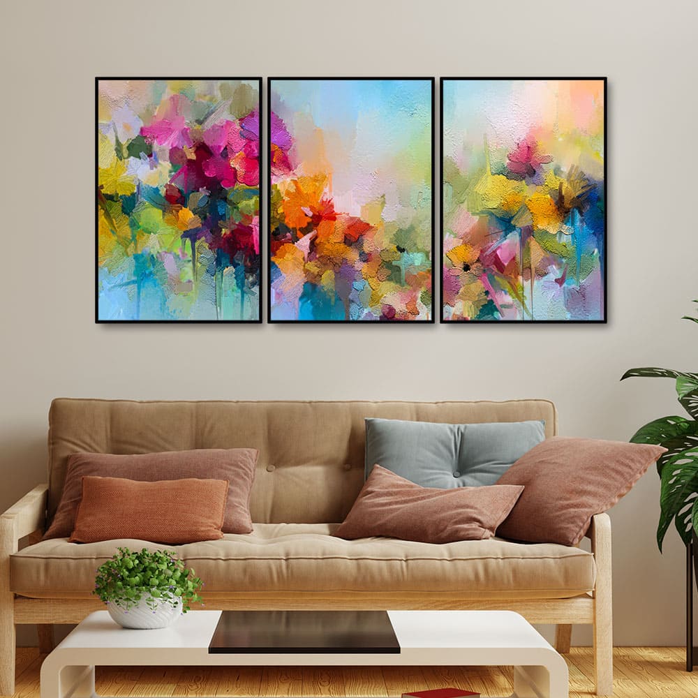 Colorful Flowers Beautiful Artwork Floating Canvas Wall Painting Set of Three