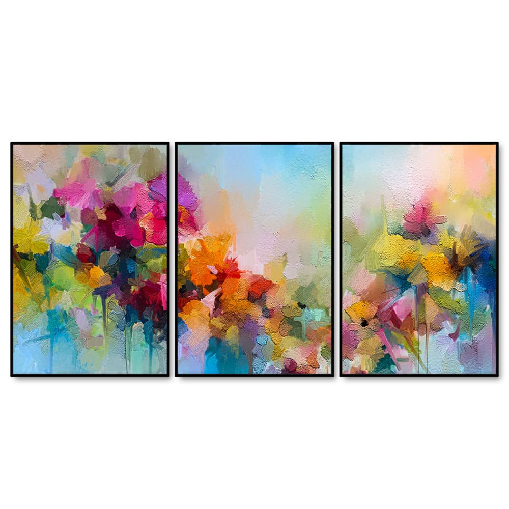 Colorful Flowers Beautiful Artwork Floating Canvas Wall Painting Set of Three