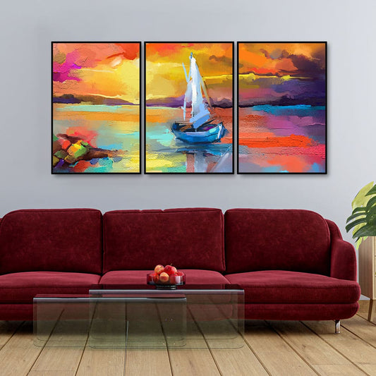 Beautiful Colorful Sea with Ship Premium Floating Wall Painting Set of Three