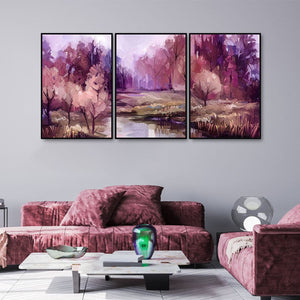 Purple Lake in Forest Premium Floating Wall Painting Set of Three