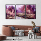 Purple Lake in Forest Premium Floating Wall Painting Set of Three