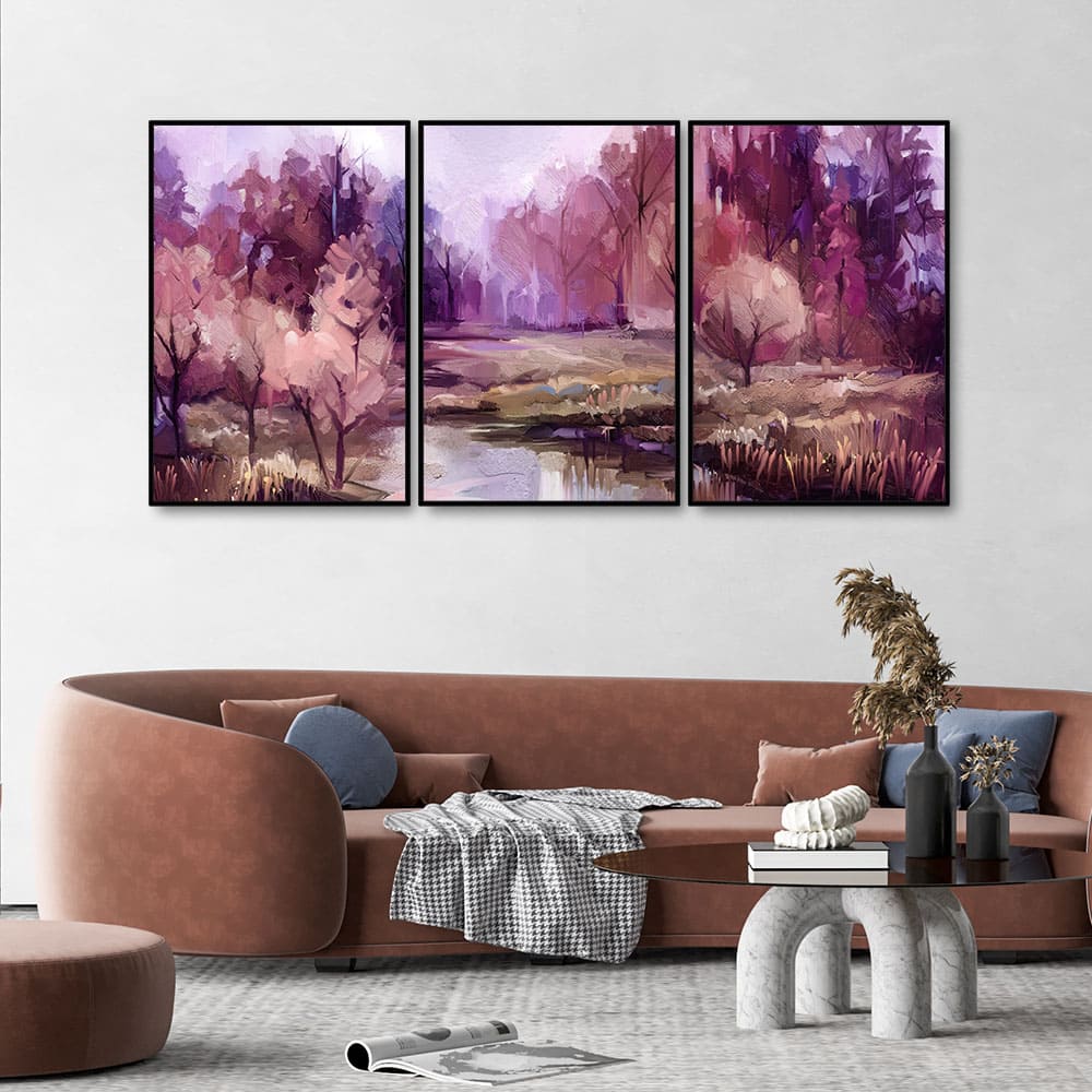 Purple Lake in Forest Premium Floating Wall Painting Set of Three