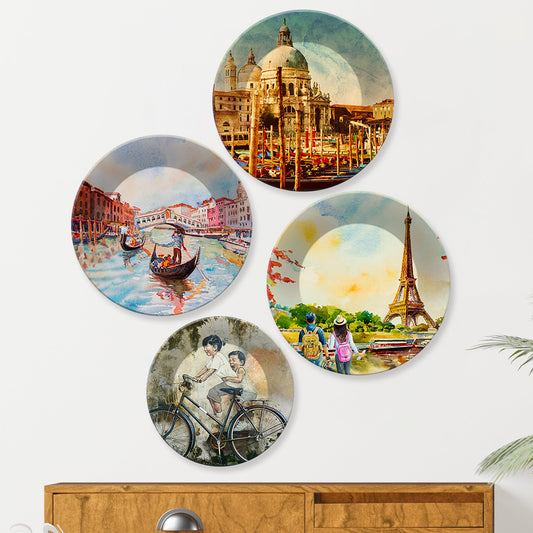 Famous Places Ceramic Wall Plates Painting Set of Four