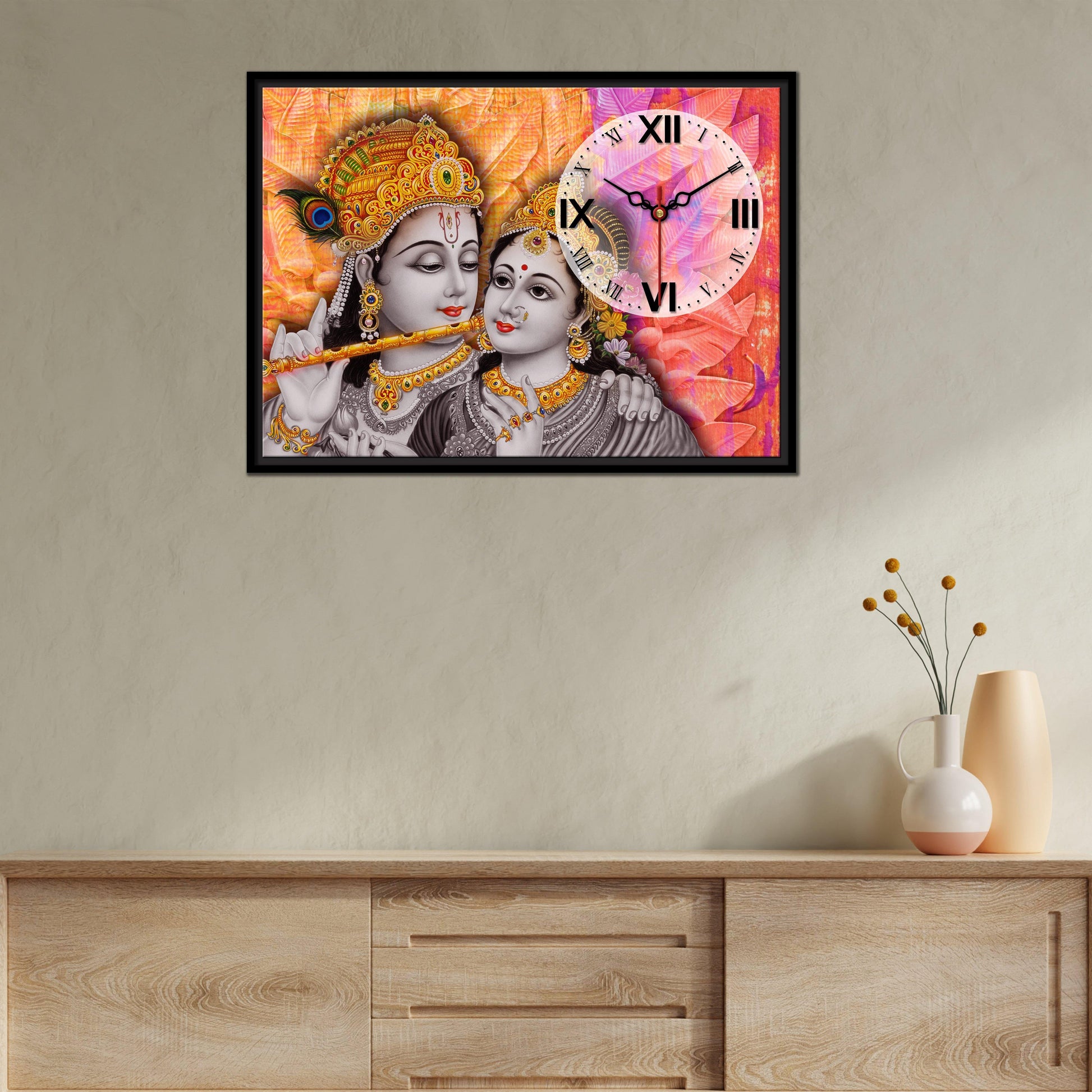 Lord Krishna Wall Painting with Clock