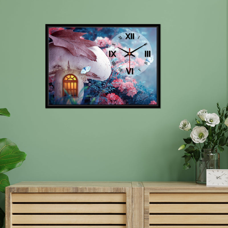 Floating Frame Mashroom House Wall Painting with Clock