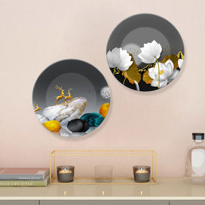 Flower and Deer Ceramic Wall Hanging Plates Set of Two