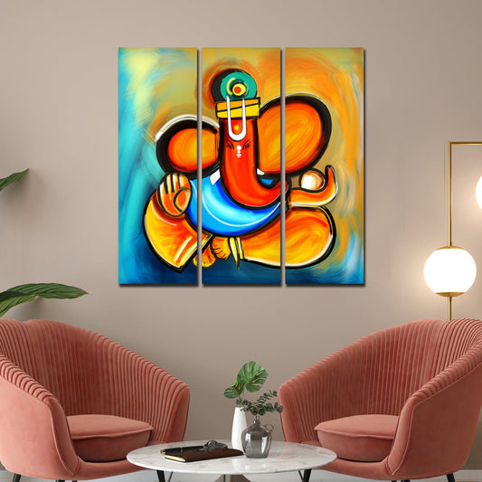 Ganesha Canvas Wall Painting Set of 3 Pieces