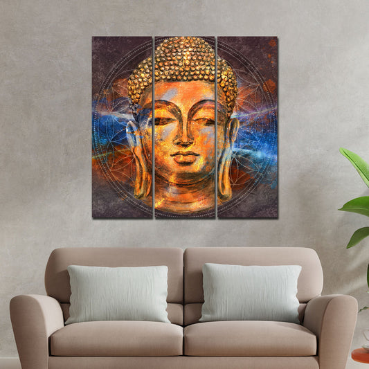 Gautam Buddha Head Wall Painting of Three Pieces