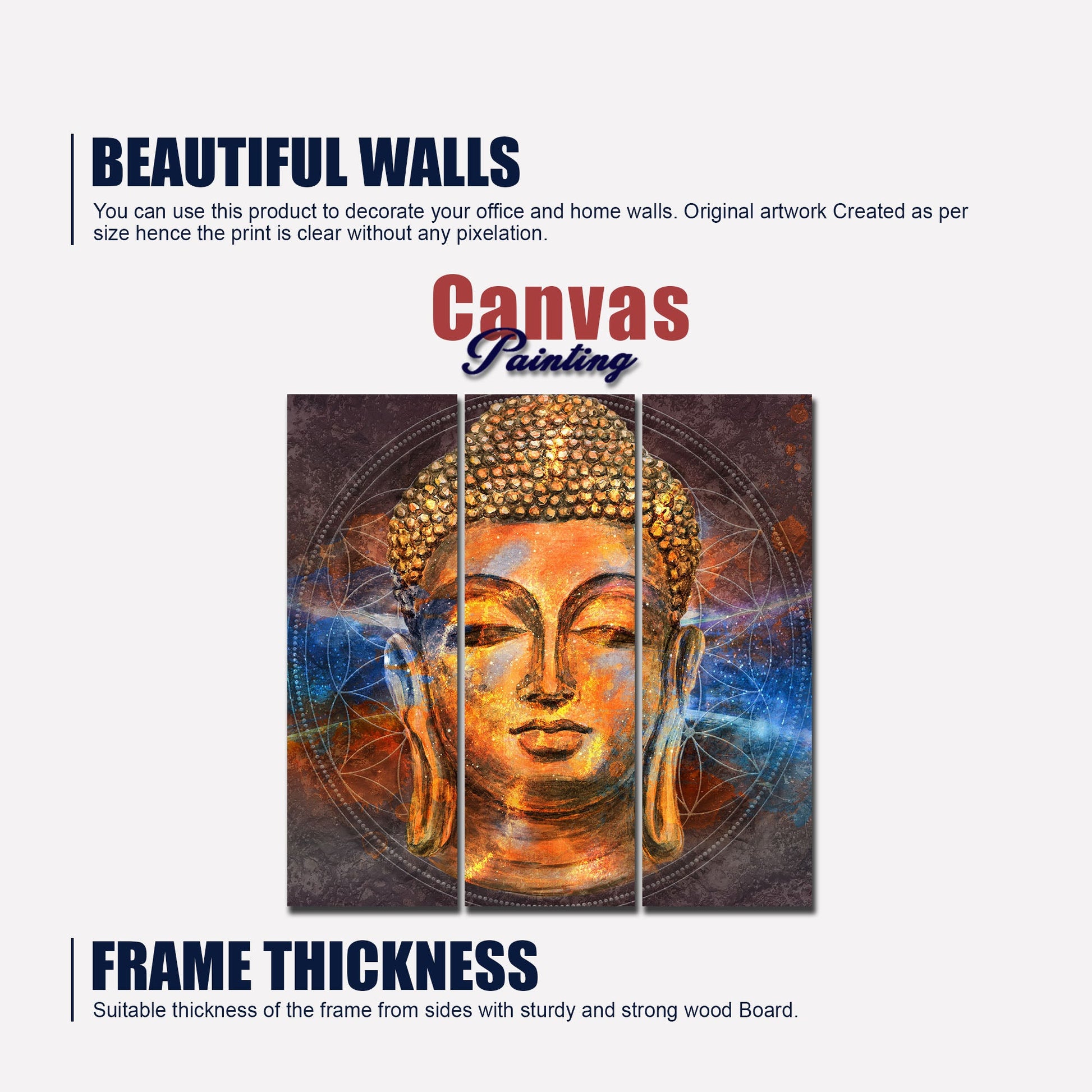 Gautam Buddha Head Wall Painting of Three Pieces